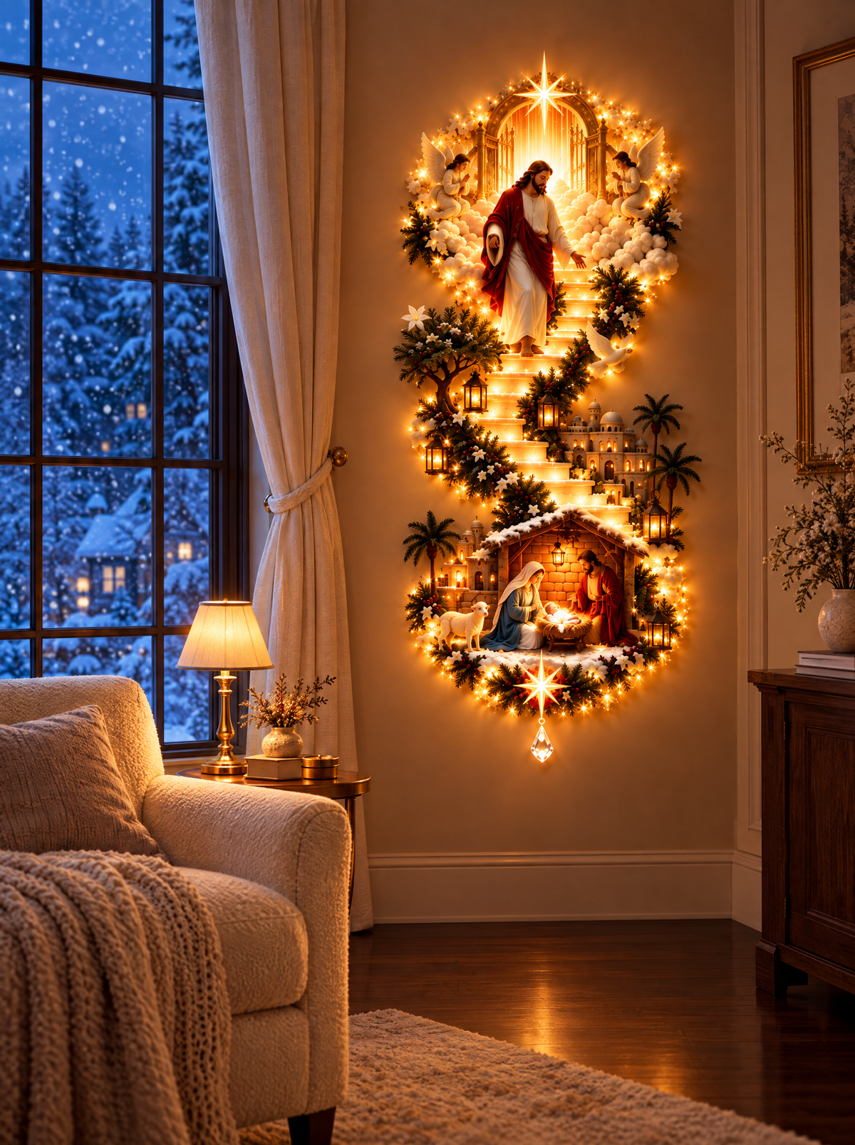 HeavenGlow Light of Christmas beside a window on a snowy winter evening